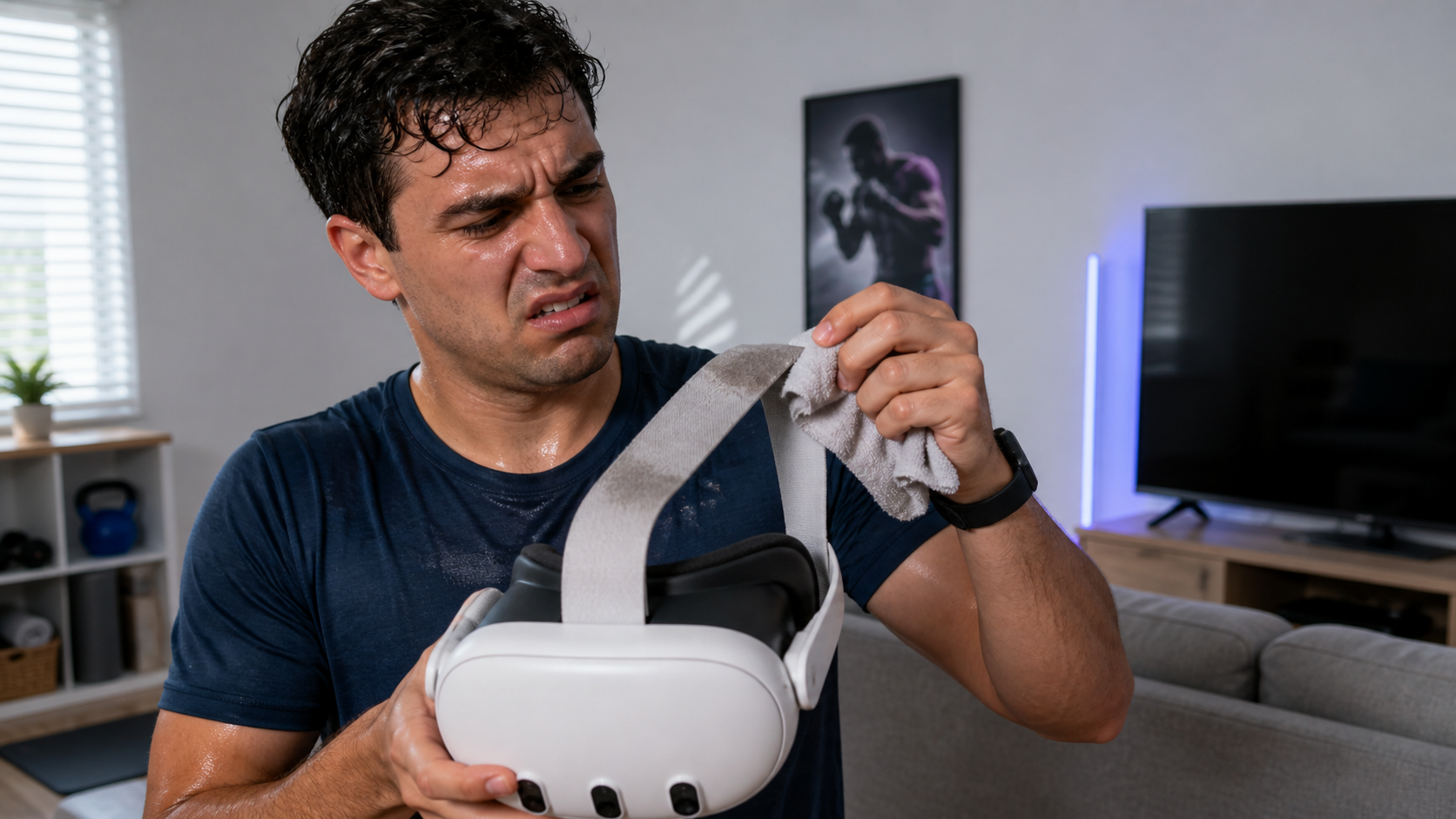 A person looking frustrated while wiping sweat from a standard fabric Meta Quest head strap after a workout.