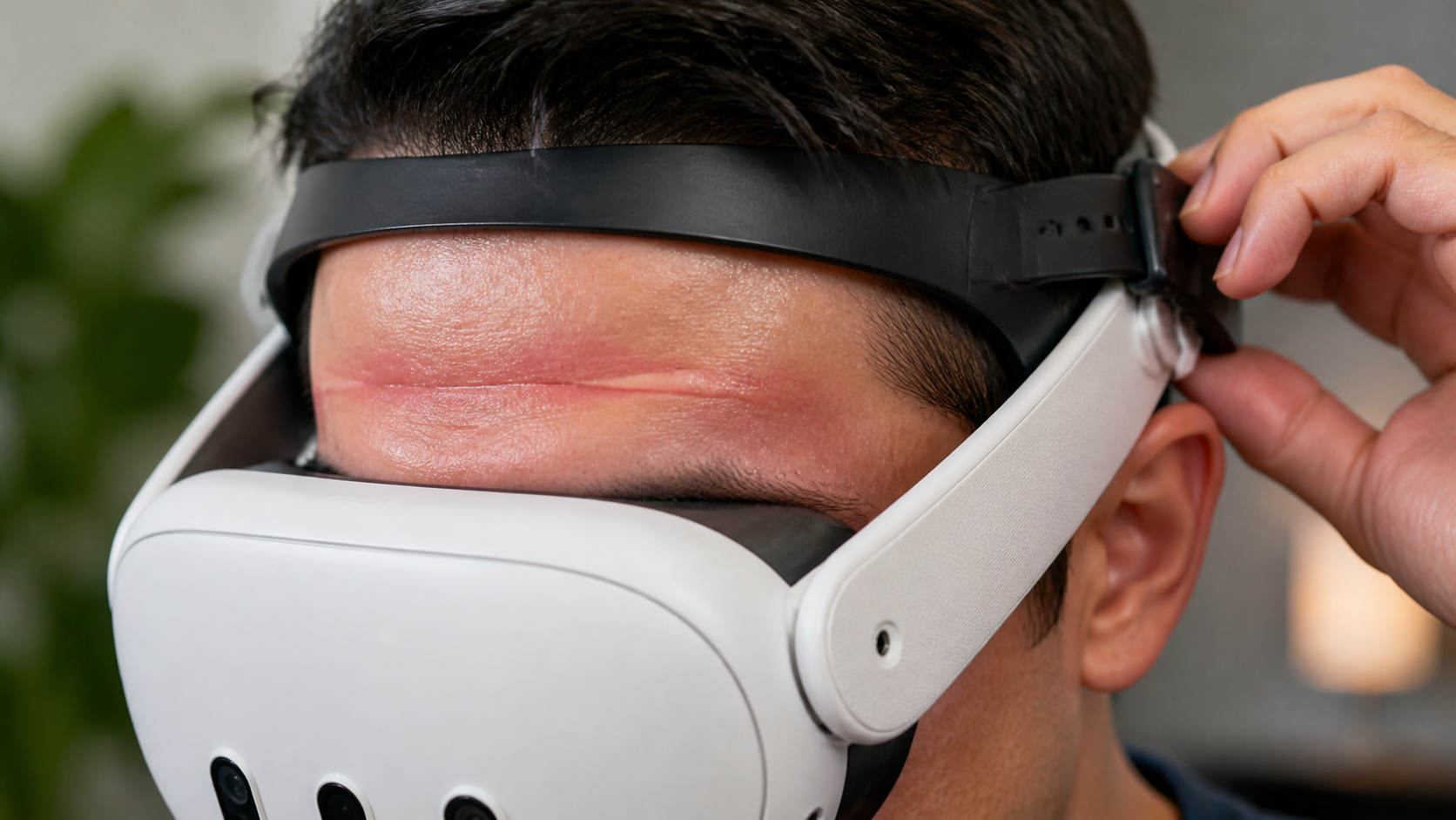 A close-up view showing the pressure point on a user's forehead from wearing a VR headset too tightly.