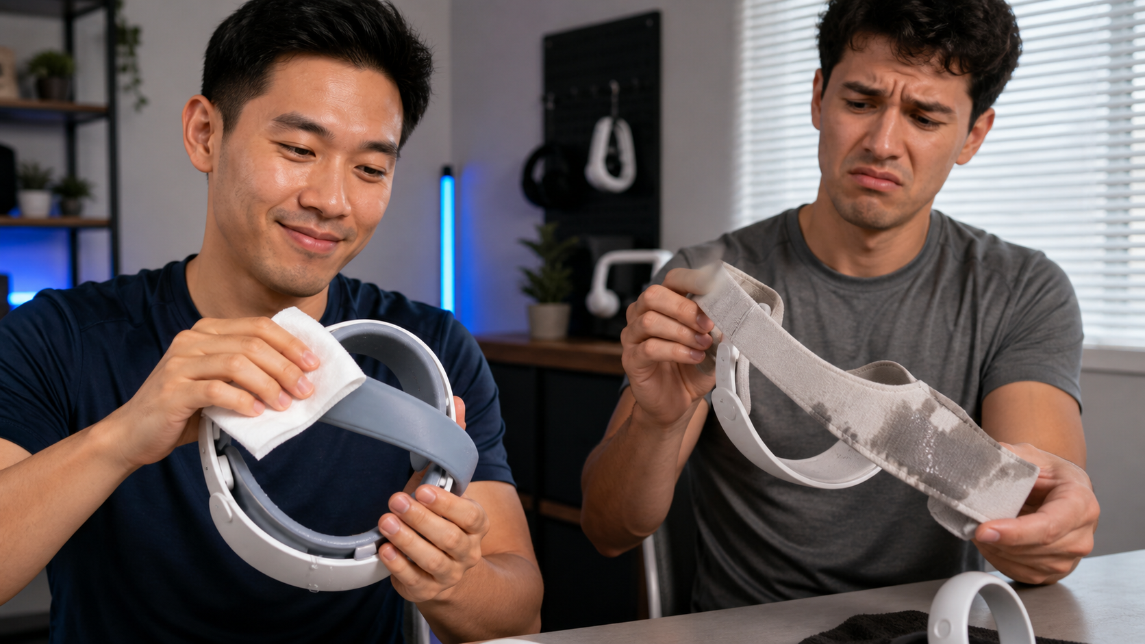 One person easily wipes a silicone VR strap clean while another looks at a damp, sweat-stained fabric strap.