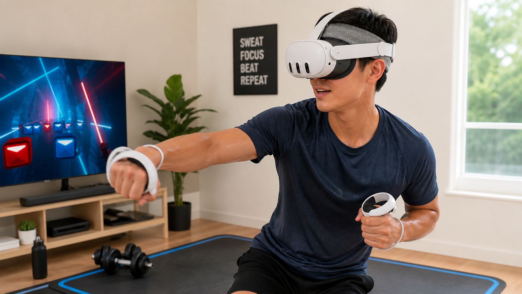 A person looking comfortable playing a VR fitness game while wearing a simple sweatband under their Meta Quest headset.