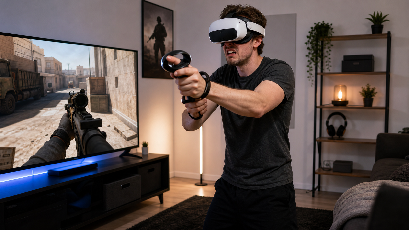 A VR player in their living room looking frustrated while aiming in a shooter game without a gunstock