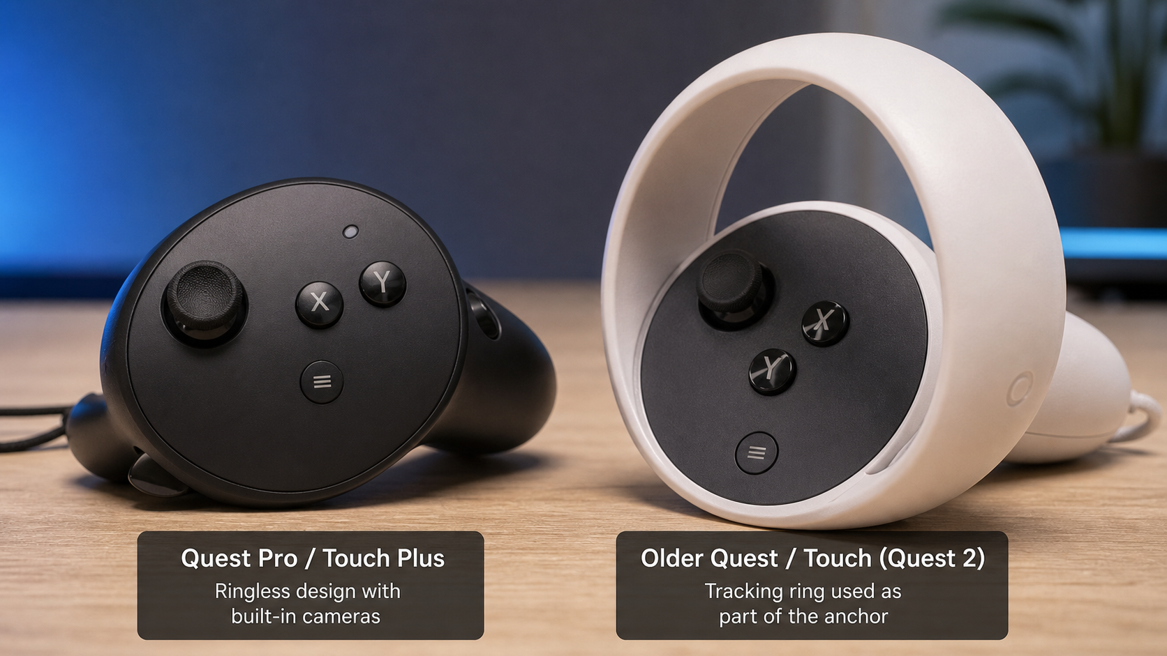 Close-up side-by-side comparison of a Quest Pro Touch Plus controller and an older Quest controller