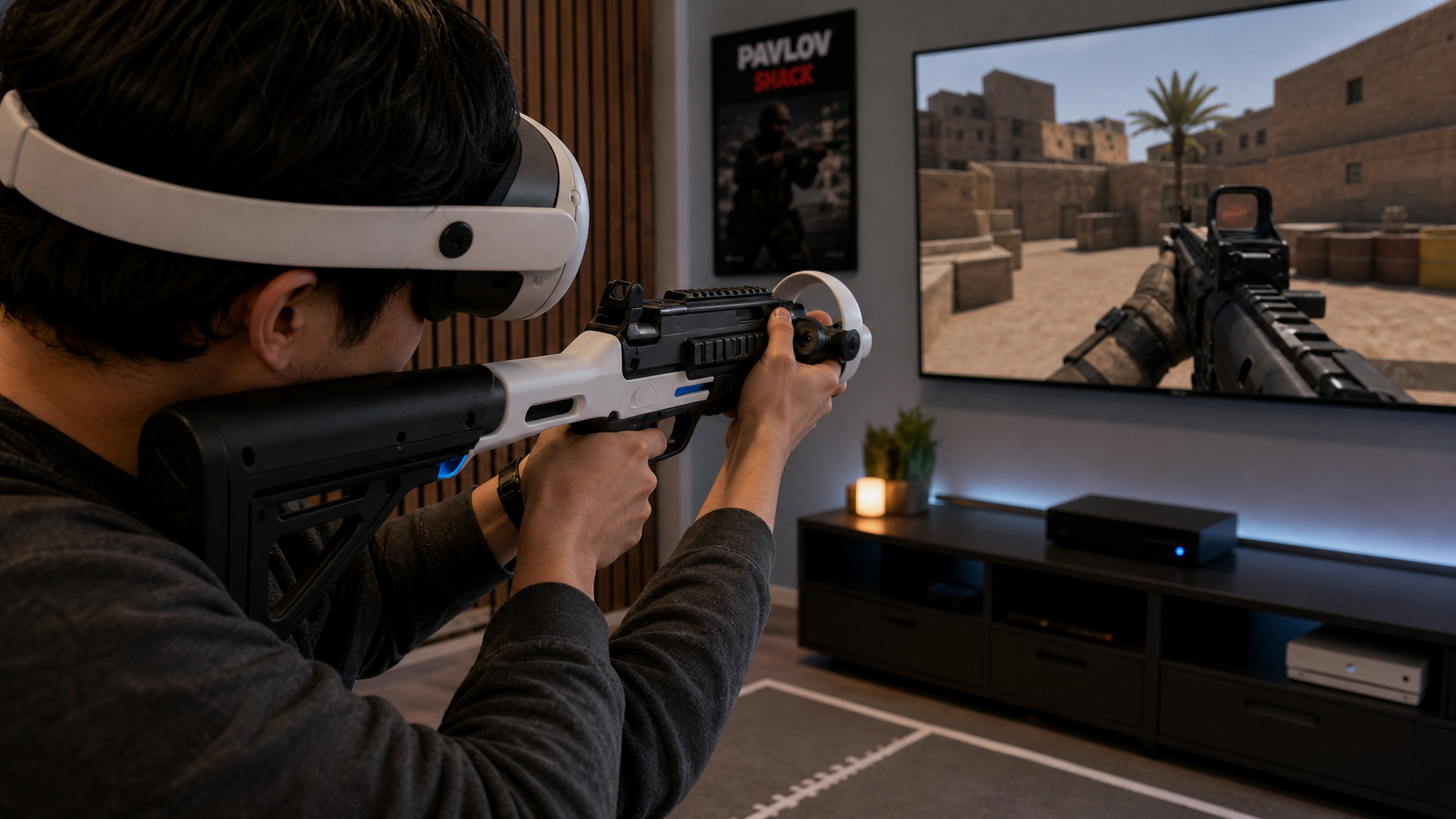 A player using a gunstock with Quest Pro controllers aiming down sights carefully in Pavlov Shack