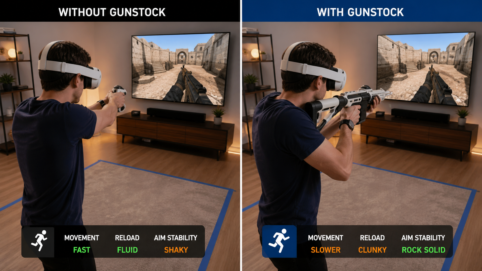 Split screen view showing a player running a route in Pavlov with and without the bulky gunstock