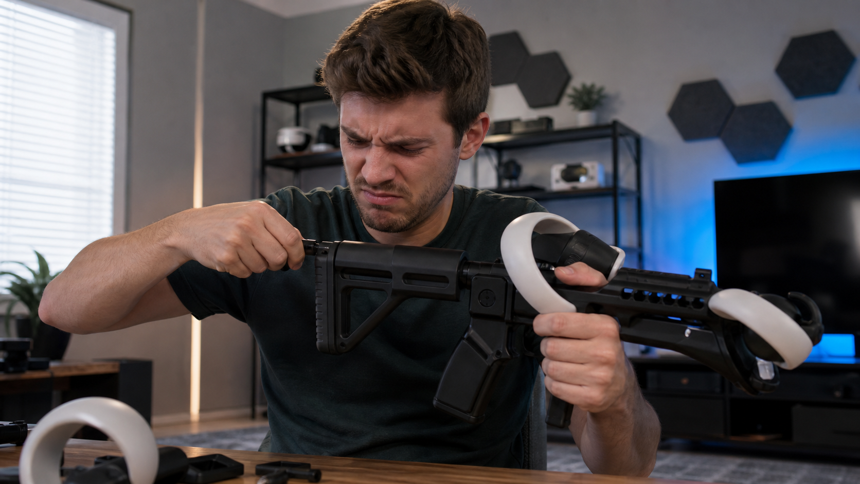 A player looking annoyed while trying to adjust the length of a VR gunstock in their room