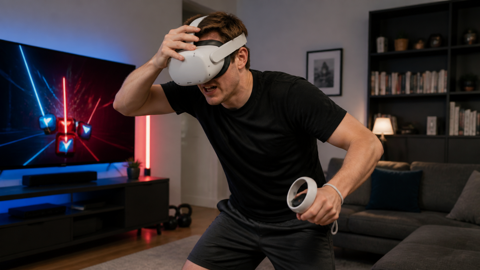 A person in their living room looking frustrated while adjusting a slipping VR headset mid-game.