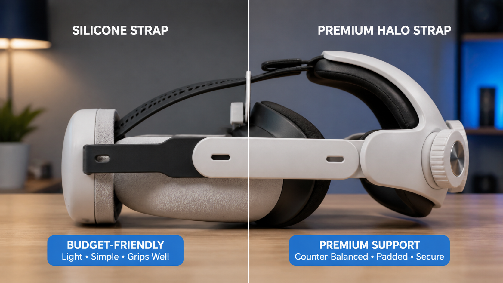 A Meta Quest headset shown with a simple silicone strap on one side and a complex premium halo strap on the other.