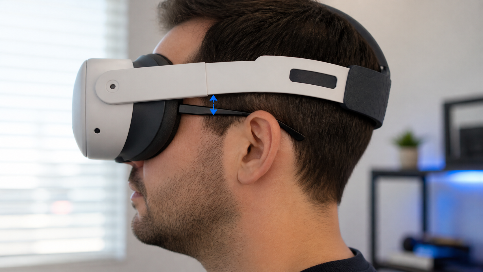 A side profile photo of a user wearing glasses and a VR headset with a silicone strap, showing space around the glasses arms.