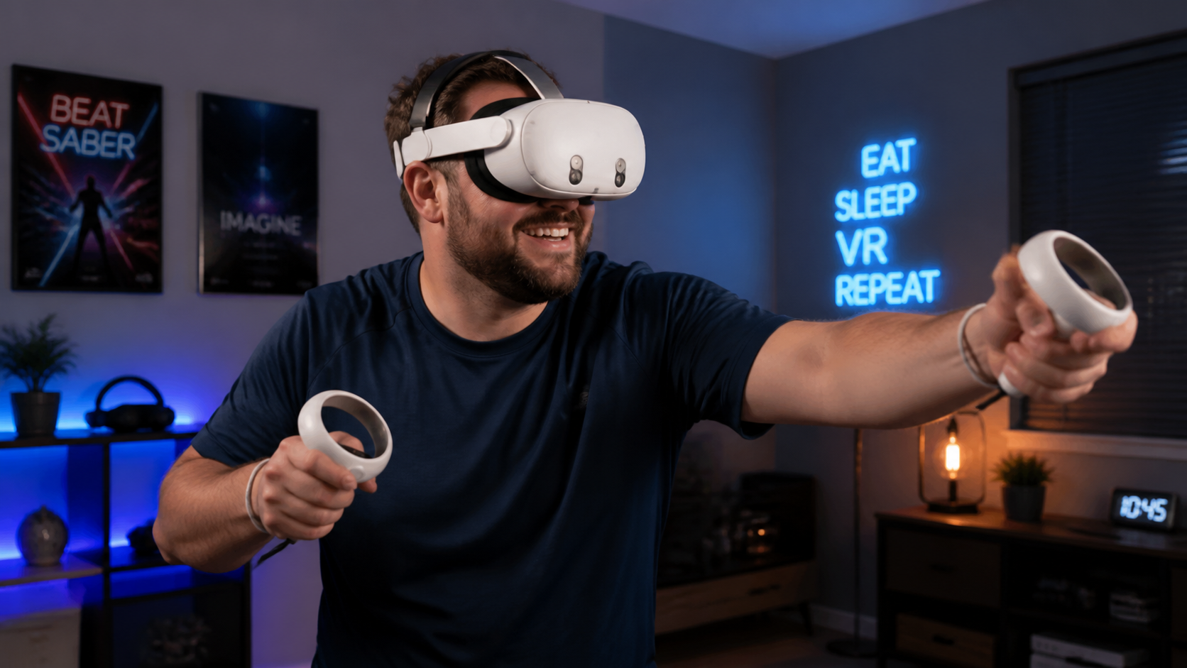 A man with a larger head smiling and playing an intense VR game, looking comfortable with a silicone head strap.