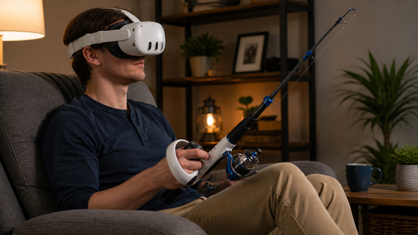 A left-handed person in a cozy chair using a VR fishing rod accessory with their Meta Quest 3.