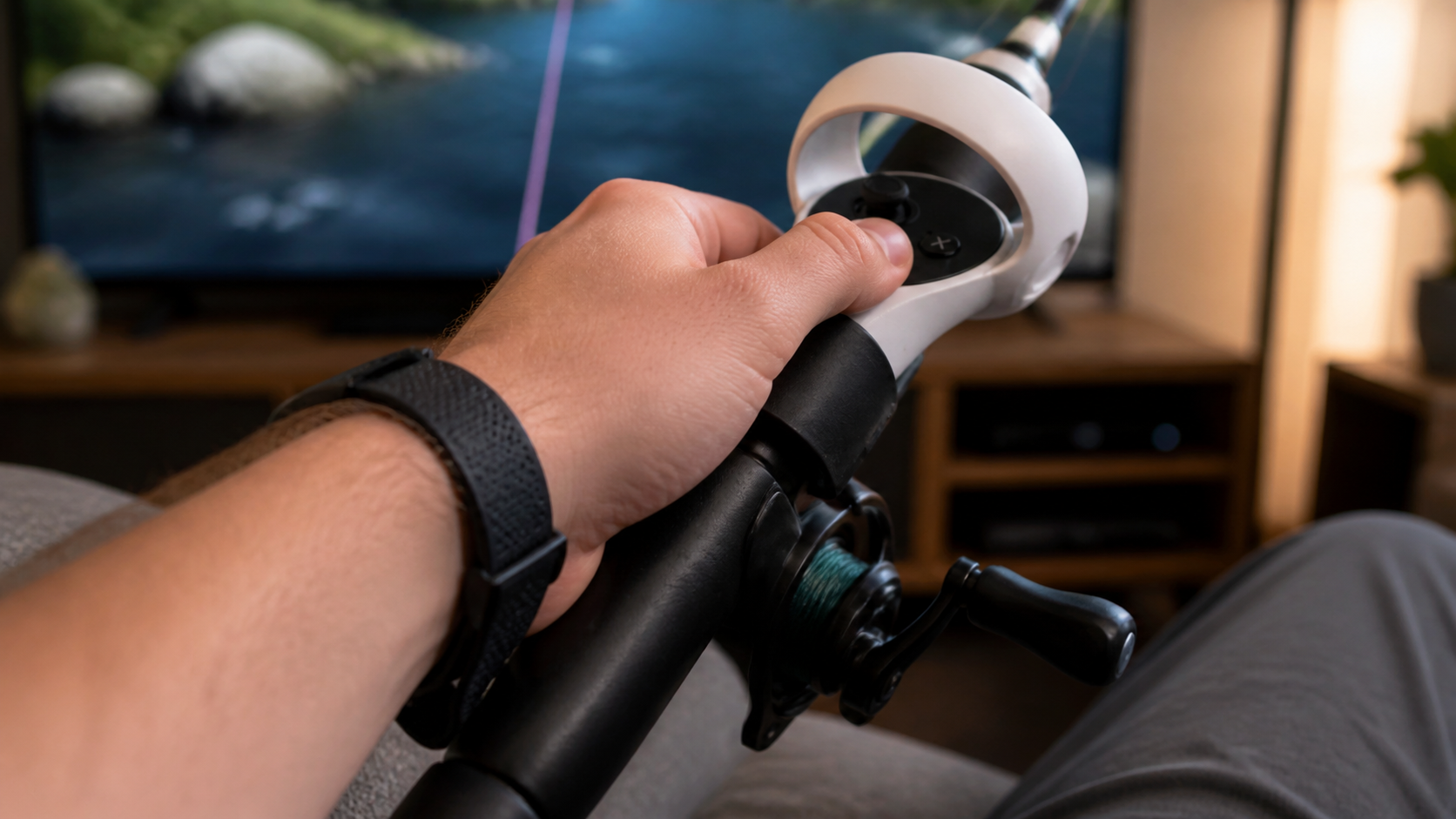 Close-up on a left hand making a reeling motion with a VR fishing accessory during a 20-minute session.