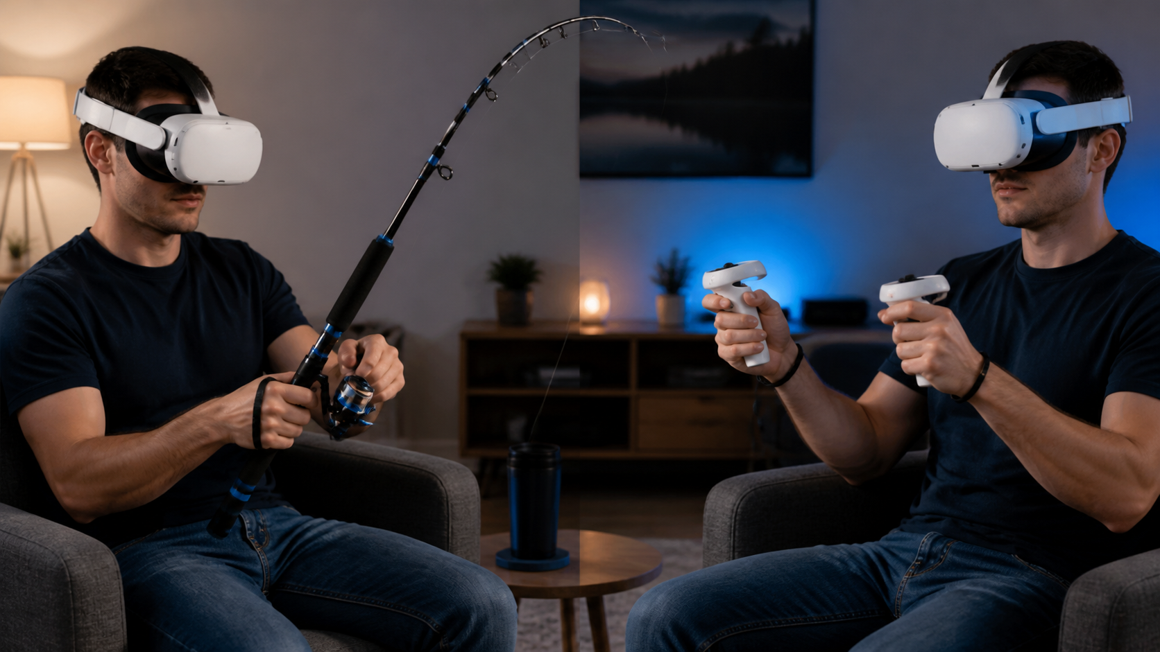 A side-by-side comparison of a user holding a VR fishing rod versus just the bare Quest controllers.