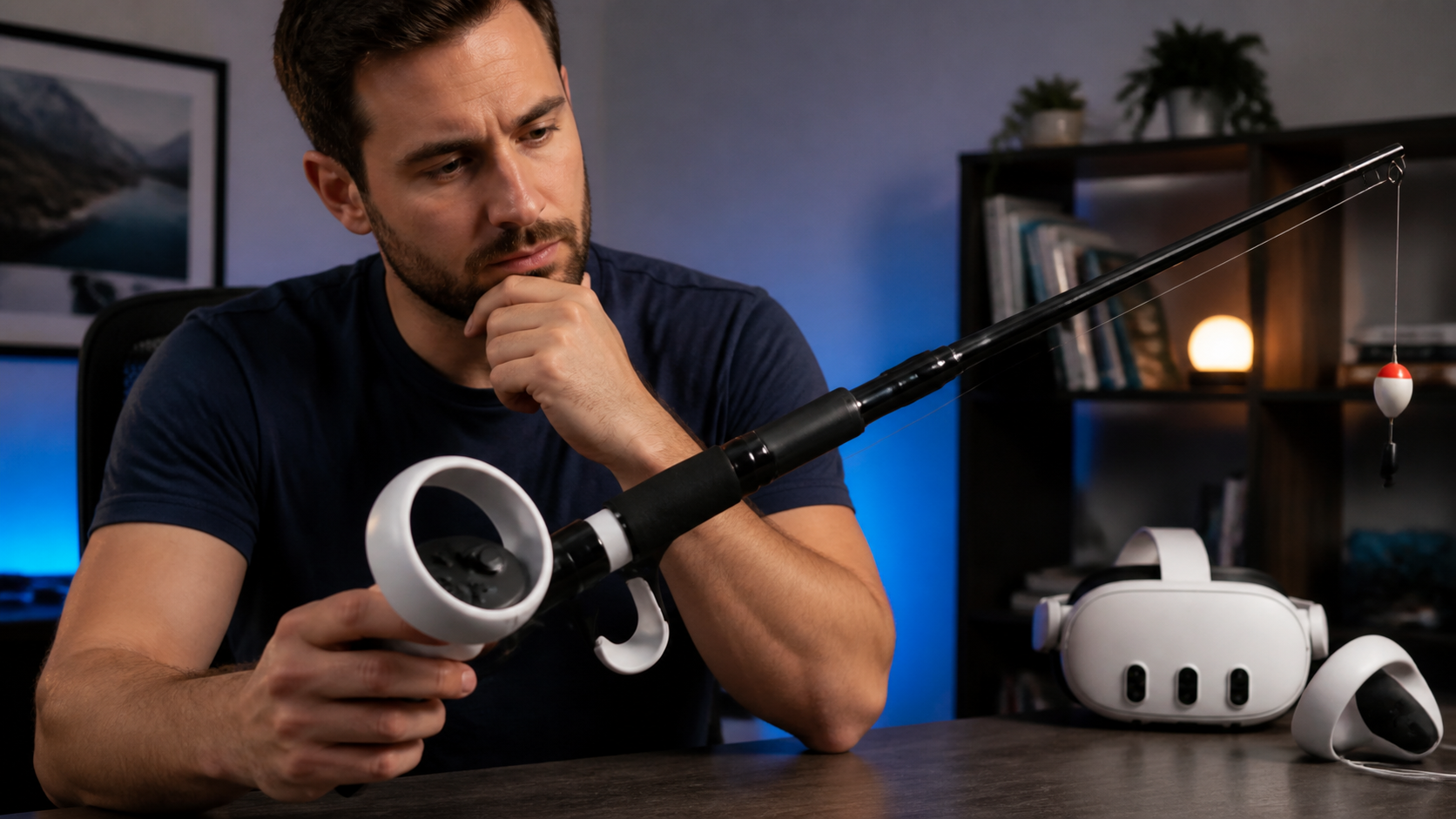 A VR gamer examining the grip and balance of a fishing rod accessory, thinking about comfort and performance.
