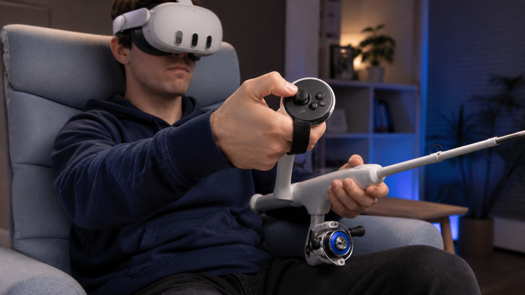 A seated VR player struggling to access the menu buttons on a controller mounted in a fishing rod.