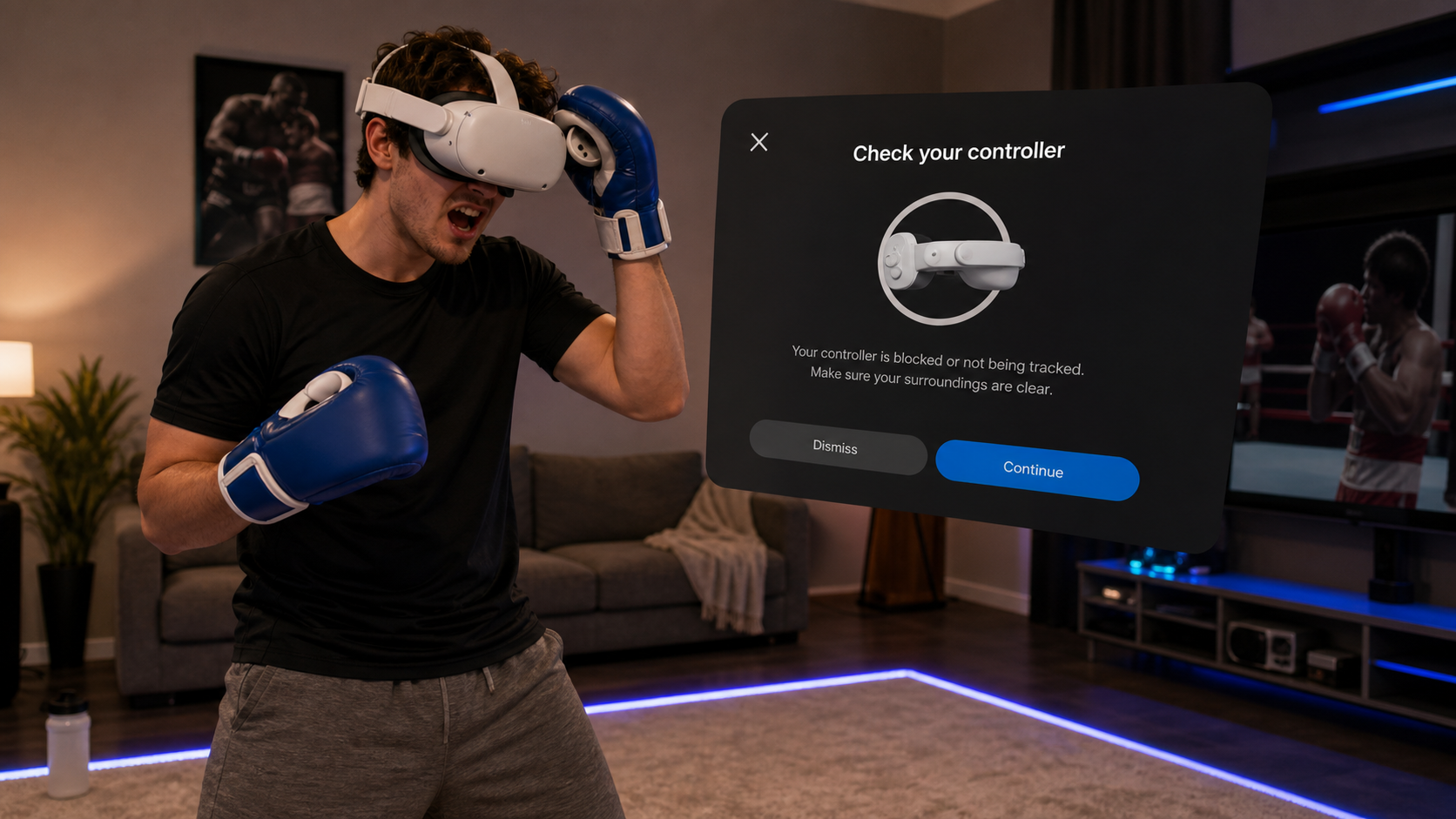 A VR user in a kids' boxing game looks frustrated as a controller security menu appears on screen