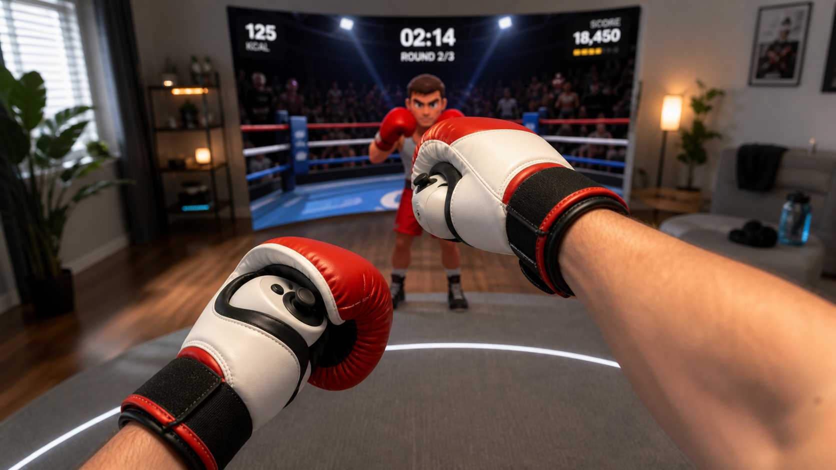 A first-person view of hands inside VR boxing gloves feeling more secure and controlled during a punch