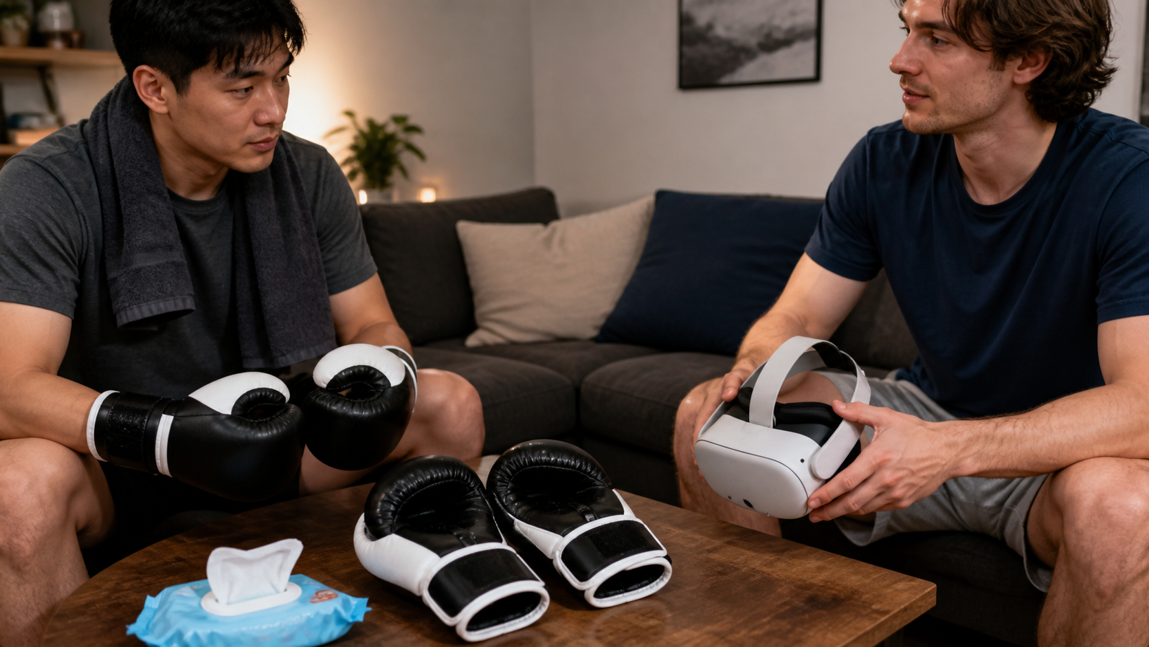 Two people waiting to swap a VR headset and sweaty boxing glove accessories in a living room setting