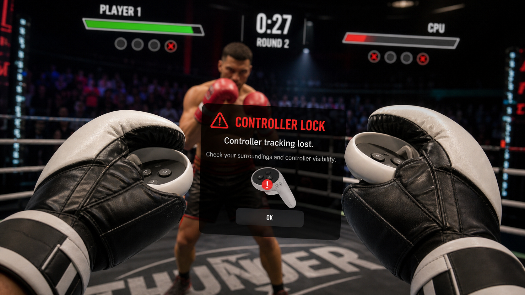 A close-up view of a controller-lock security warning still appearing on screen during an intense VR boxing match