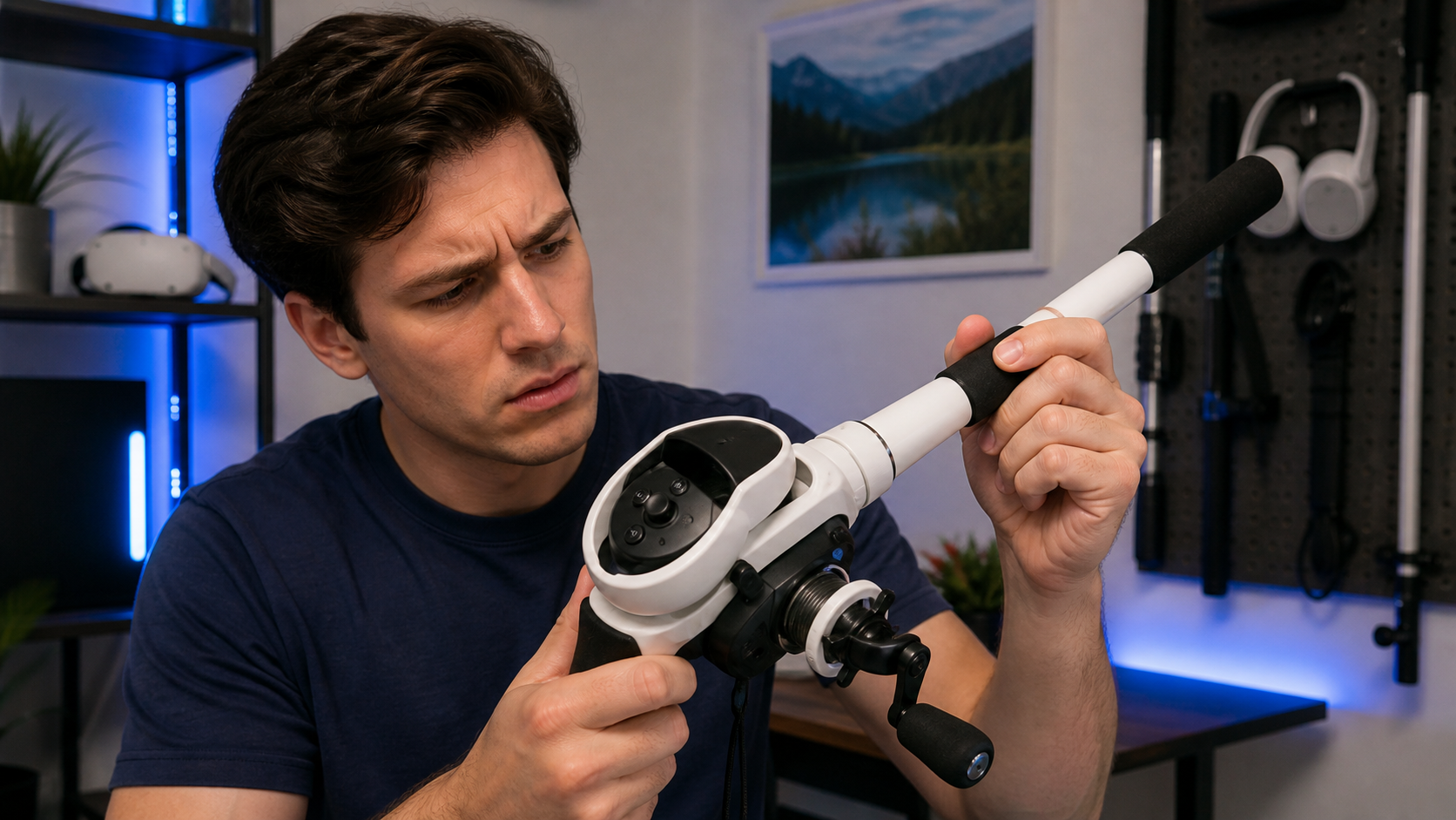 A left-handed VR player anxiously checks how securely a Quest Pro controller fits inside a fishing rod accessory.