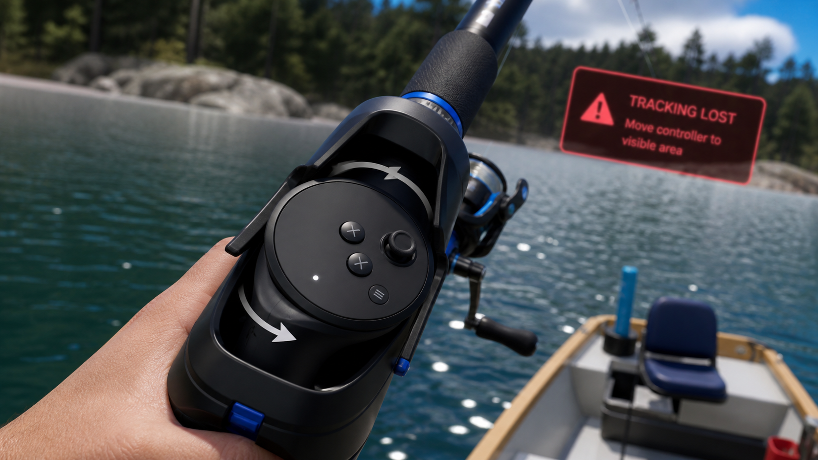 A close-up view shows a Quest Pro controller slightly rotated inside a VR fishing rod handle during gameplay.