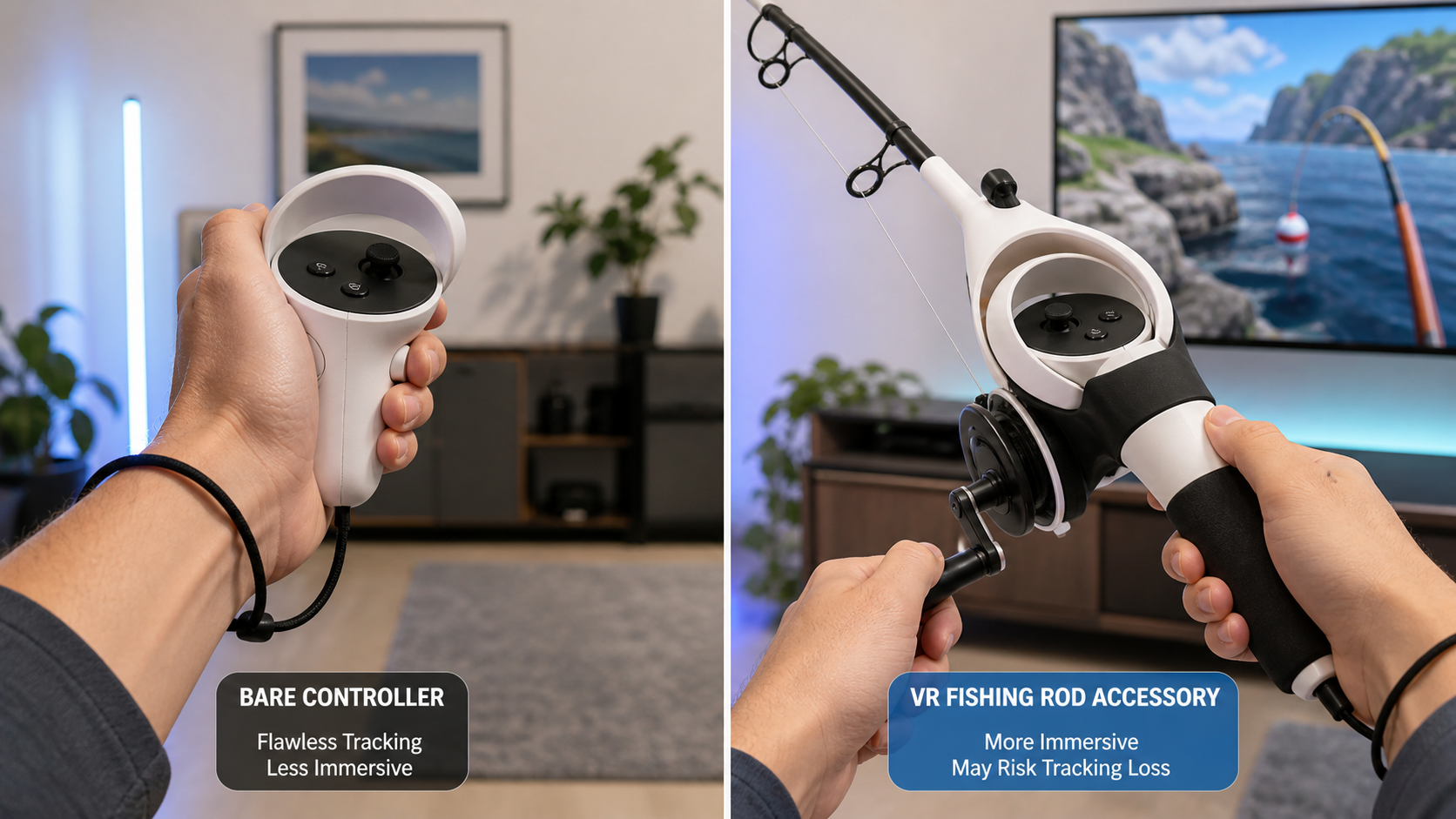 A side-by-side view showing a person's hands holding a bare controller versus a controller in a fishing rod accessory.