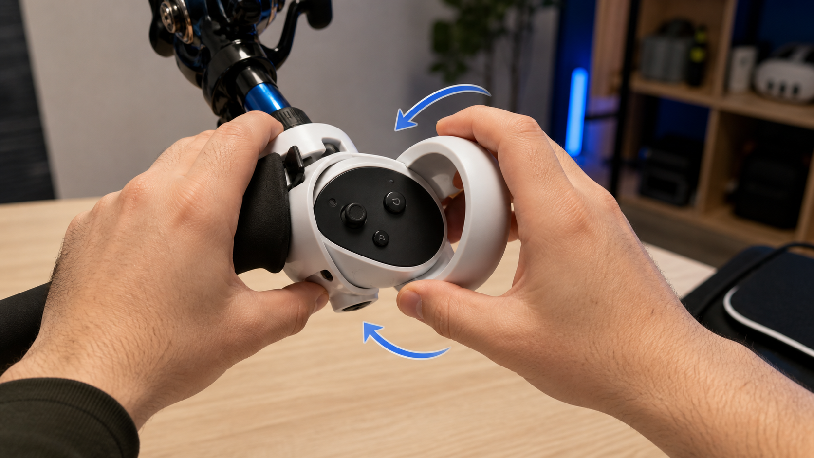 A person's hands are carefully wiggling and twisting a Quest Pro controller in a fishing rod accessory for a fit check.