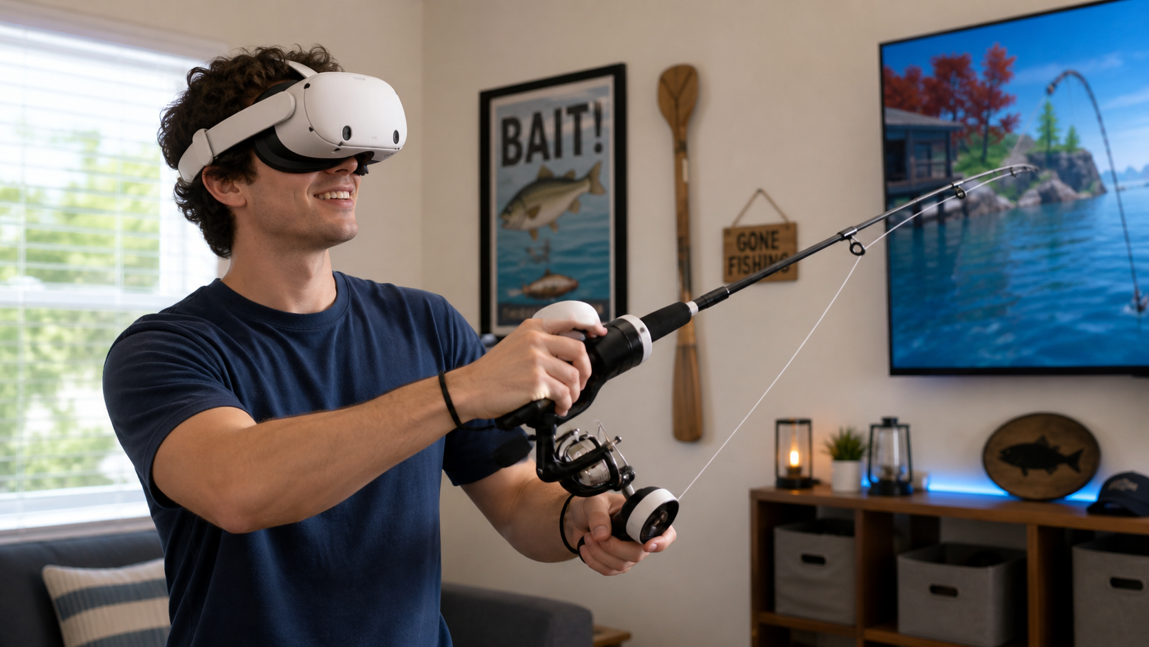 A smiling left-handed person is confidently playing a VR fishing game using a secure and stable rod accessory.