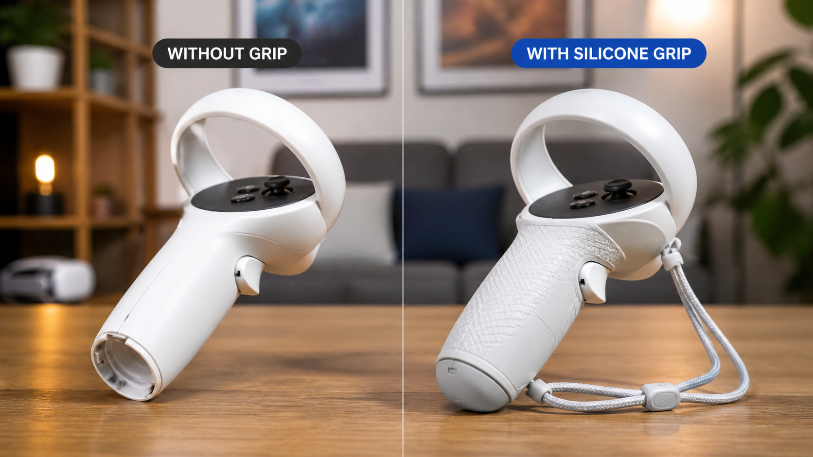 A side-by-side comparison of a Meta Quest 2 controller with and without a silicone grip cover.