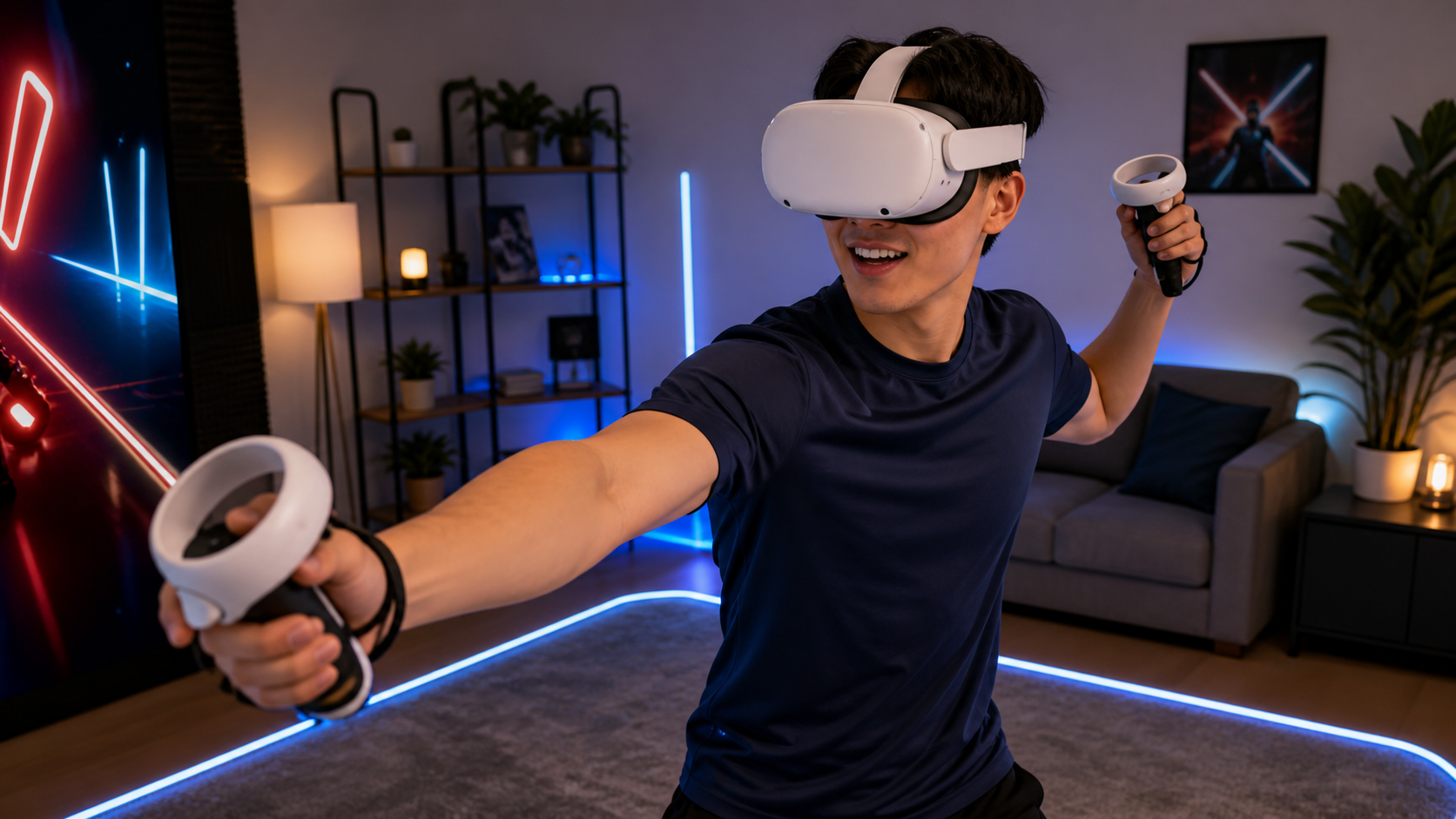 A person comfortably playing a VR rhythm game after an hour, the controller grips looking natural in their hands.