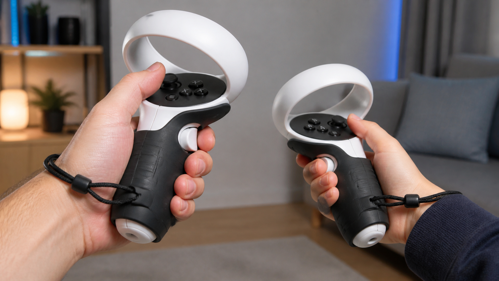 An adult hand and a child's hand both holding a Quest 2 controller with an adjustable grip strap.