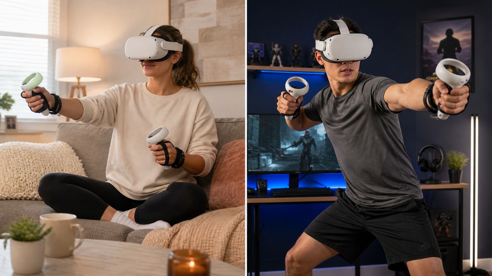 A split image showing a casual user on the left and an intense daily VR gamer on the right.