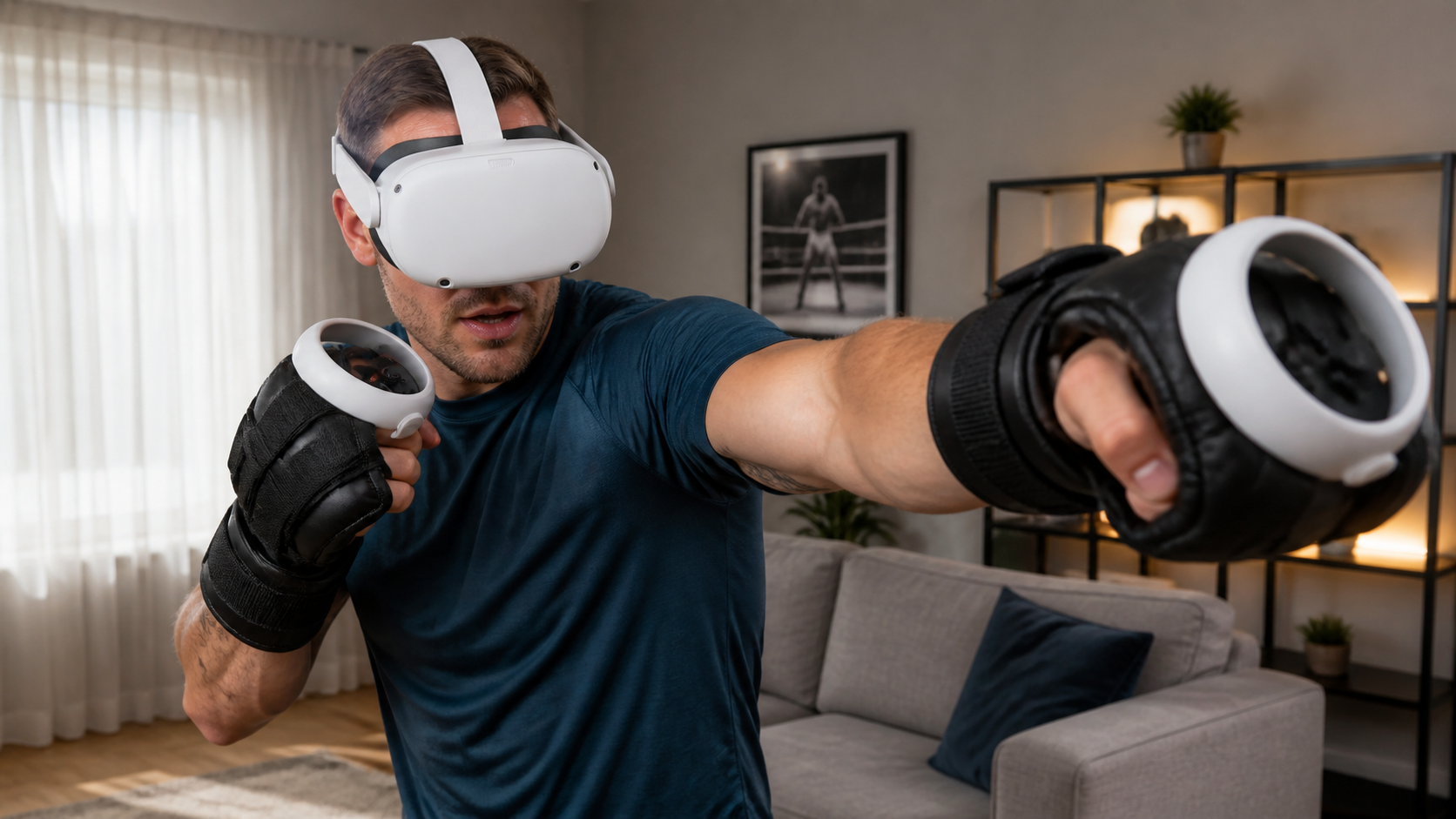 A person with large hands wearing VR boxing gloves holding Quest Touch Plus controllers in a home living room.