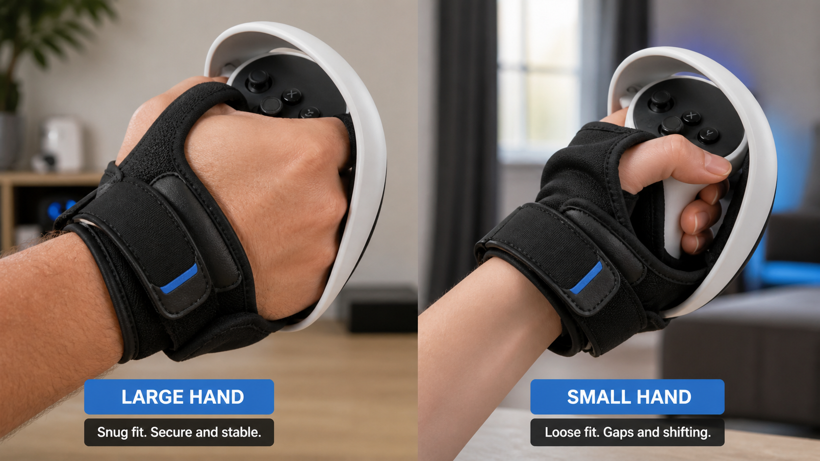 A side-by-side view showing a VR boxing glove fitting snugly on a large hand and loosely on a smaller hand.