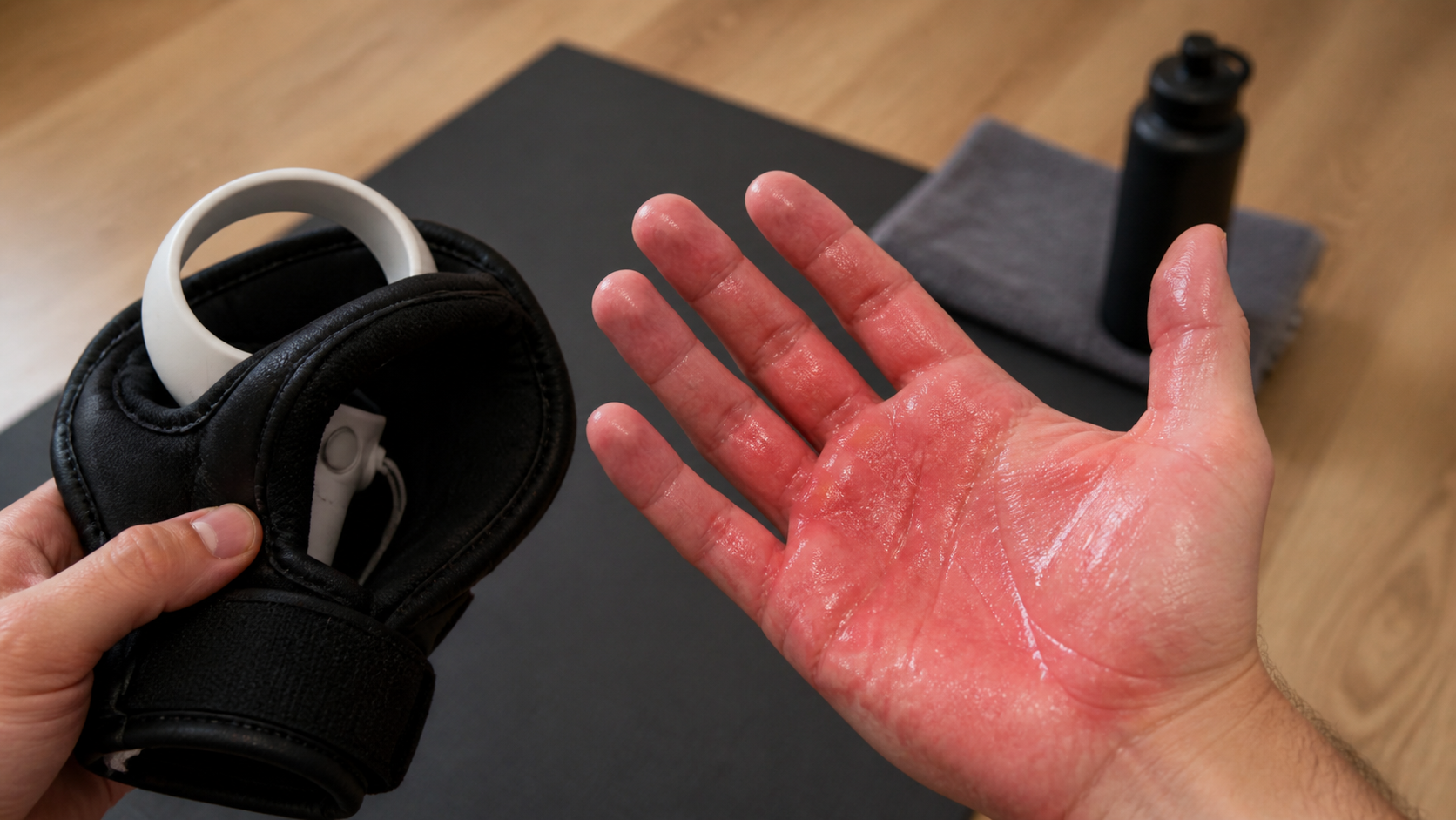 A person's hand is red and sweaty after removing a VR boxing glove following a 10-minute workout session.