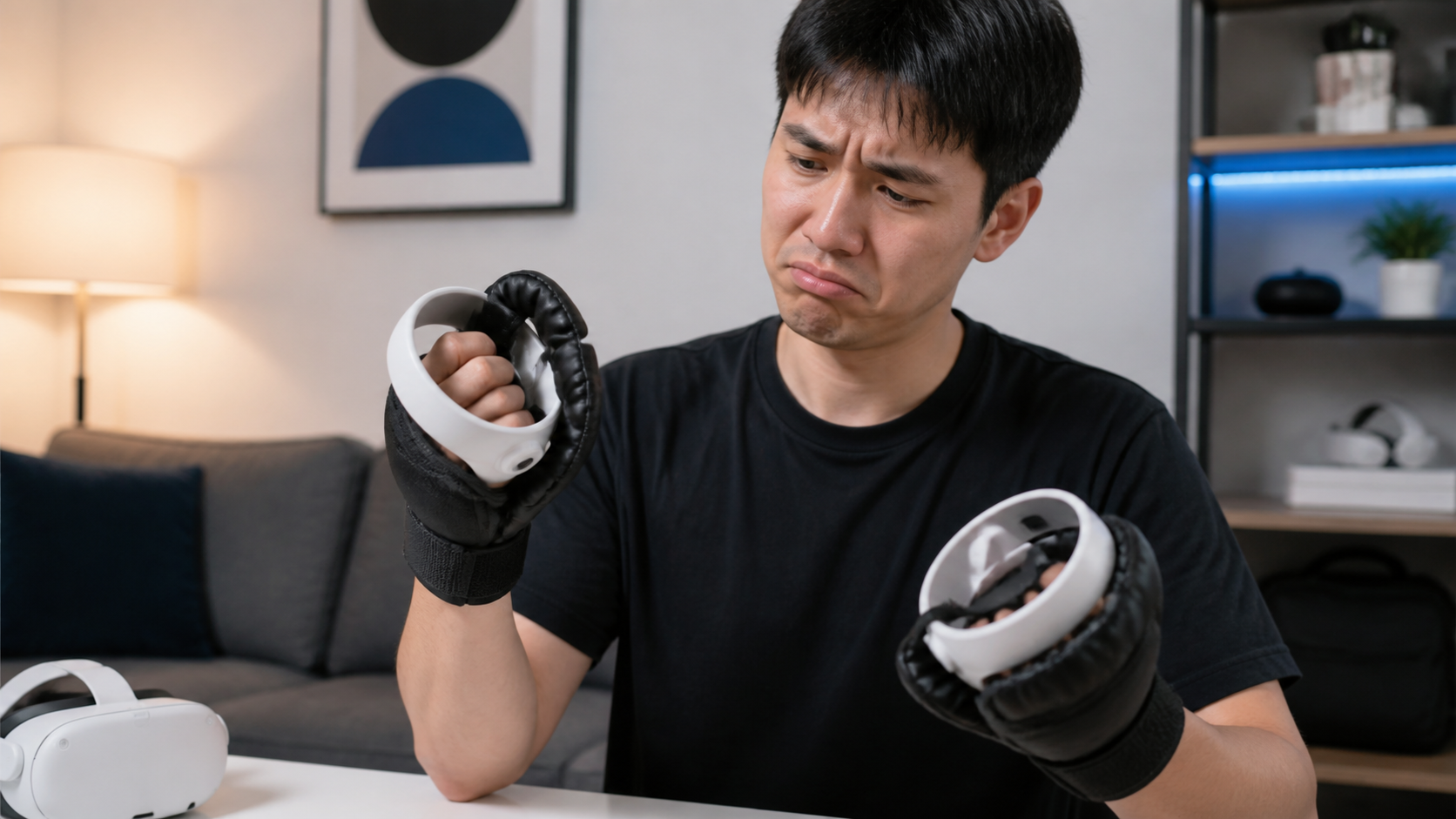 A person with smaller hands shaking their head in disappointment as a VR boxing glove feels too loose and insecure.