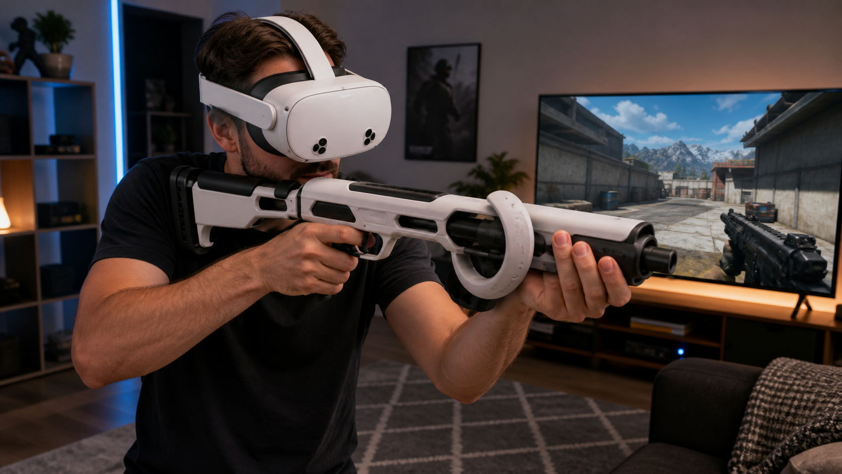 A gamer in their living room uses a VR gunstock accessory to aim steadily with a Meta Quest 3S headset.