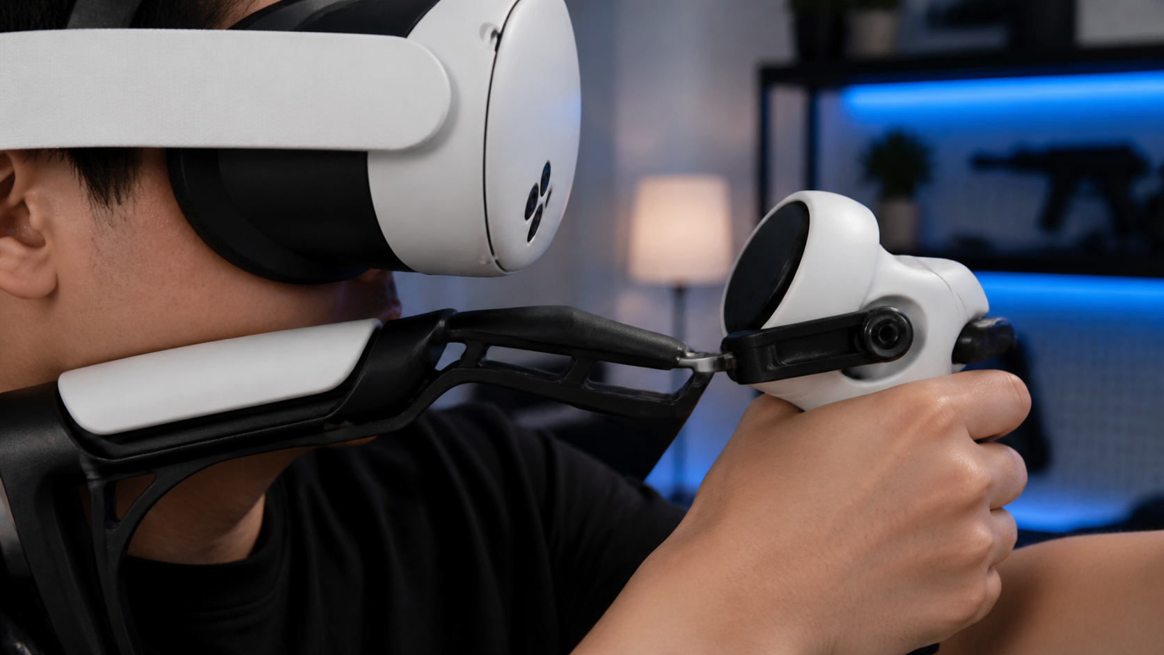 Close-up of a VR gunstock showing enough clearance between the controller and the user's headset during close aiming.