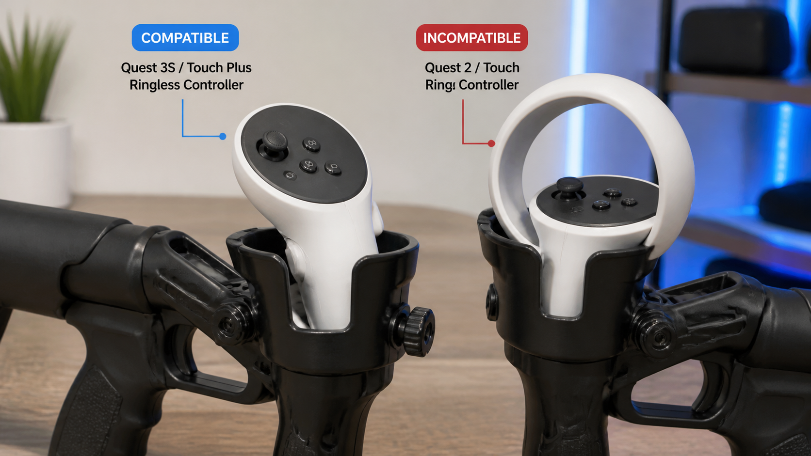 A compatible VR gunstock cup holding a new ringless controller securely next to an incompatible older model.