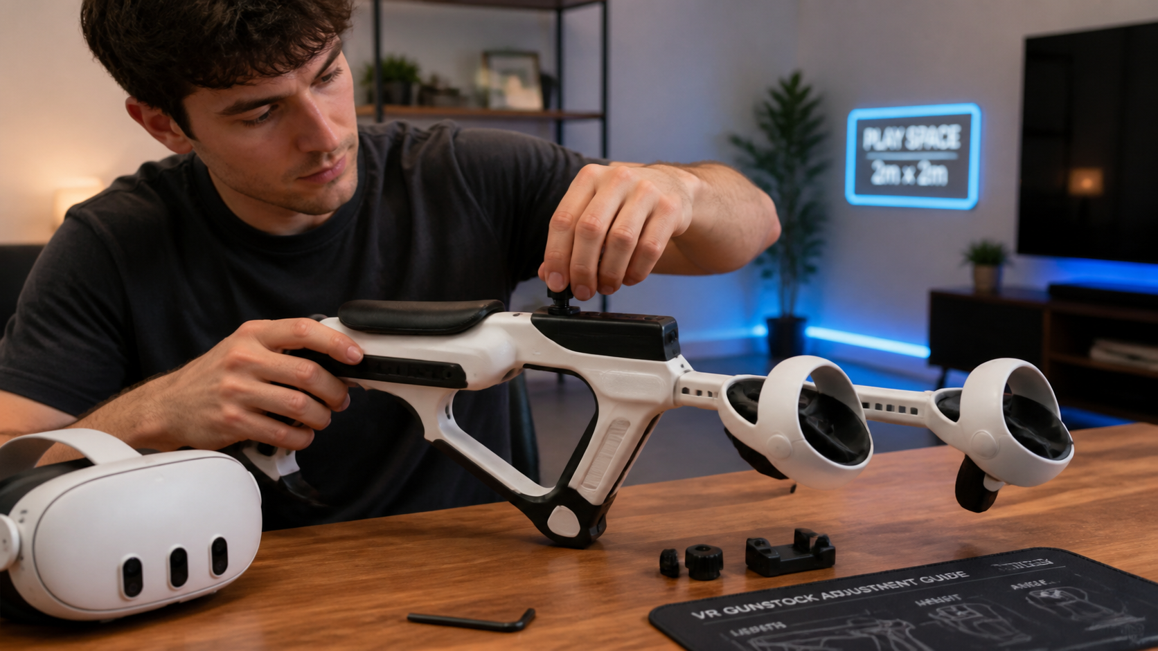 A player making careful adjustments to their VR gunstock to find the perfect comfortable fit before a gaming session.