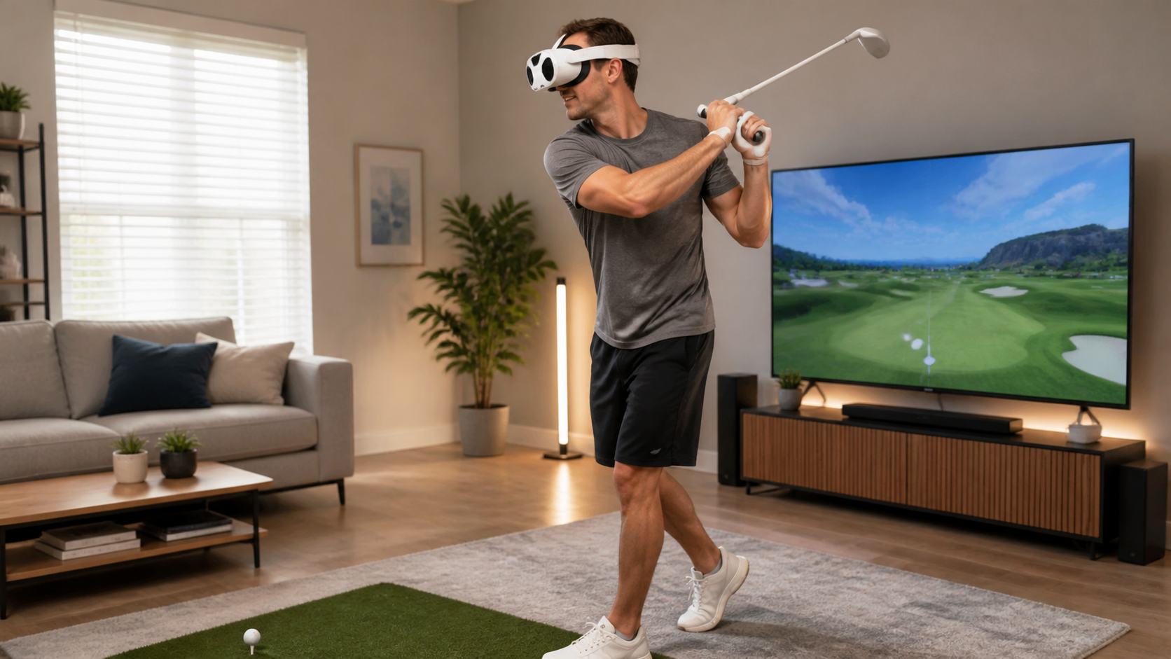 A VR user wearing a Quest 3 with an open facial interface, swinging a VR golf club in a living room.