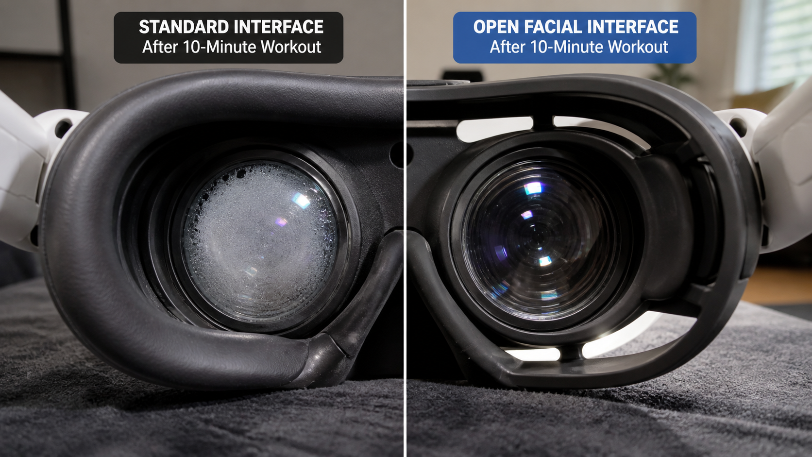 A side-by-side comparison of Quest 3 lenses after a workout, one foggy and one clear due to an open interface.