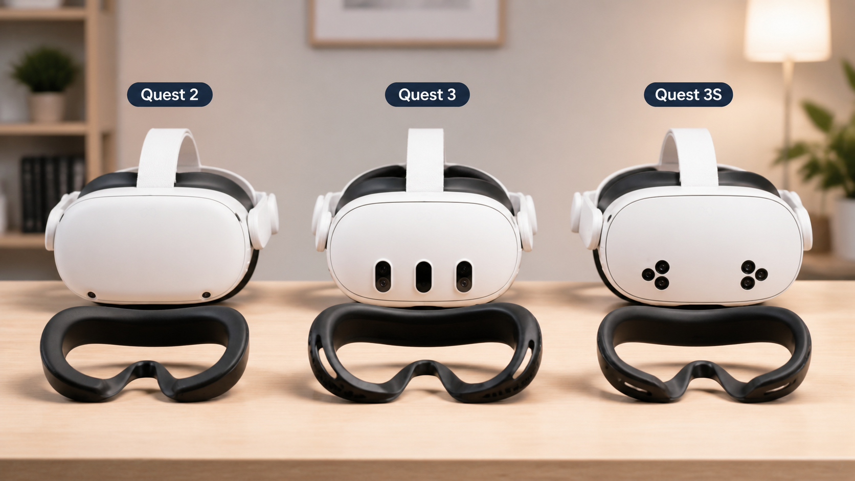 A lineup of Quest 2, Quest 3, and Quest 3S headsets, highlighting the differences in their facial interface shapes.