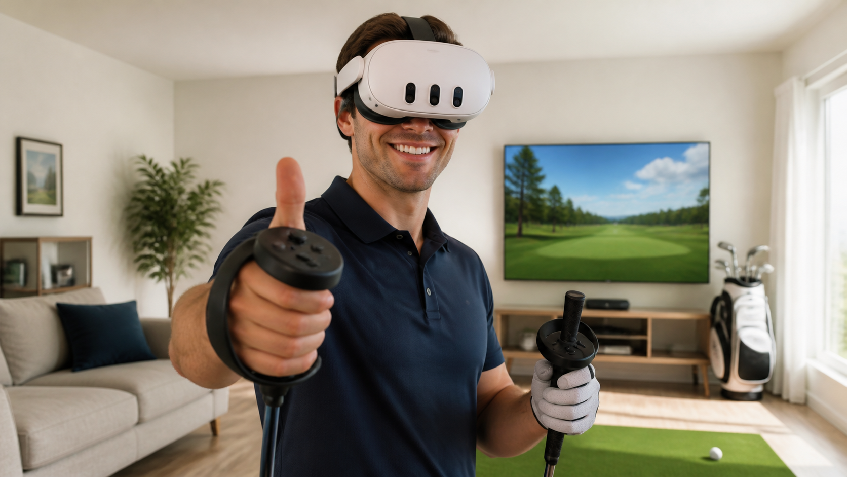 A VR golfer with Pro controllers giving a thumbs-up while using an open facial interface on their Quest 3.