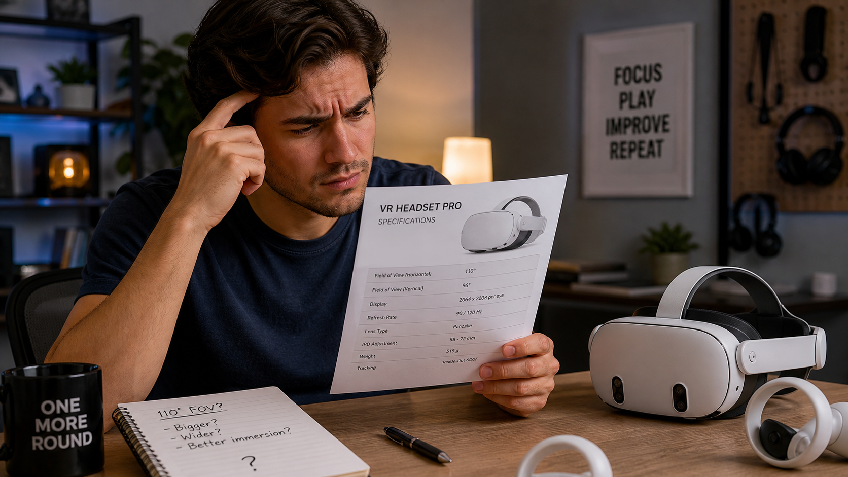 A VR user looks confused at a spec sheet while their headset sits unused on a desk beside them