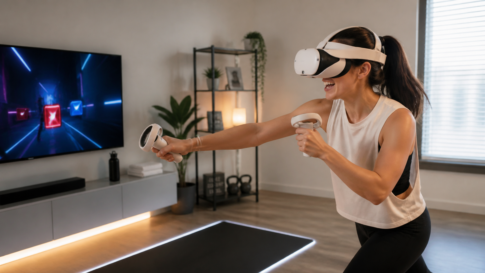 A user wearing a VR headset with an open facial interface plays an active fitness game without any lens fog