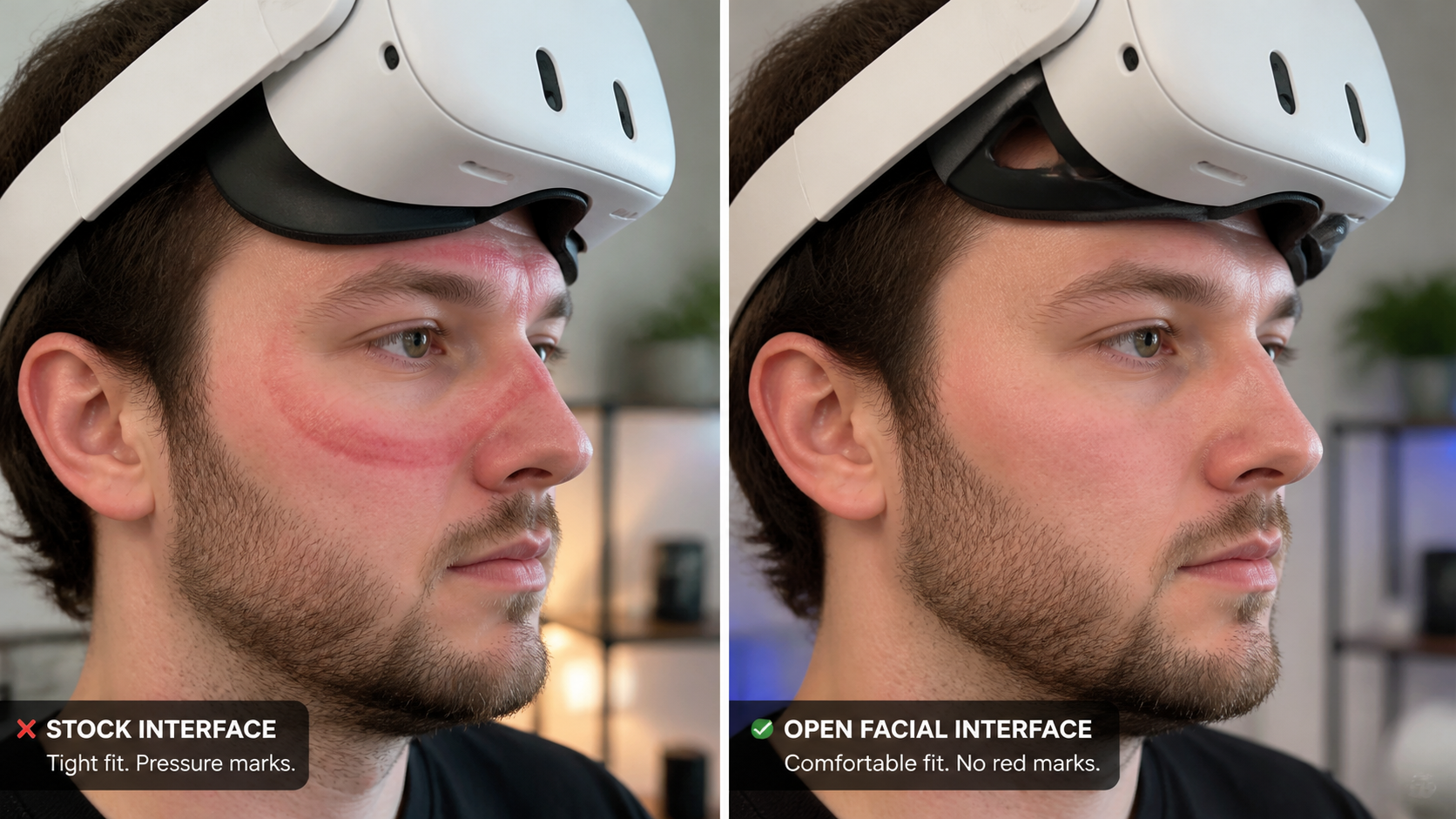 A split image showing a face with red pressure marks from a stock interface versus a comfortable, mark-free fit