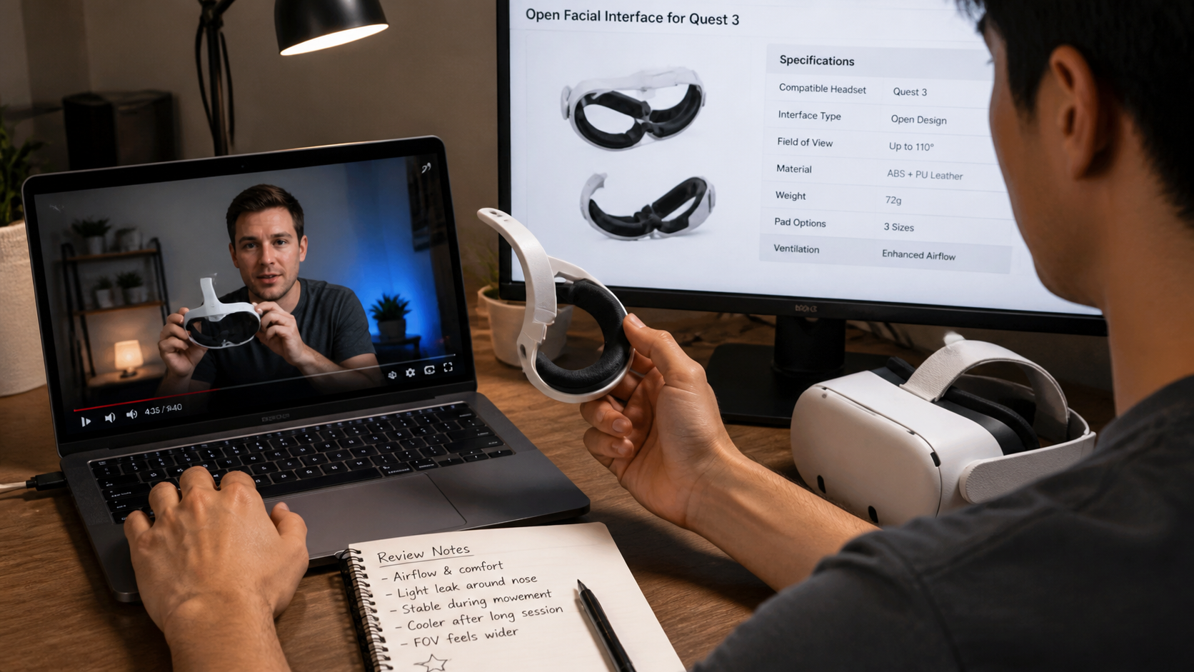 A person watching a video review of a VR accessory, comparing it to the product's official website specs