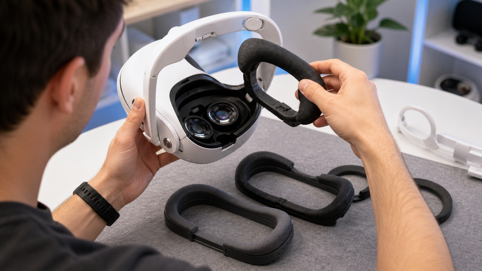 A user is swapping out the different foam pads on an open facial interface for their new VR headset
