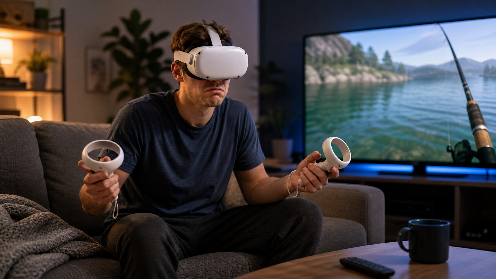 A person sitting on a couch wearing a VR headset, looking slightly frustrated while using bare controllers to play a fishing game.