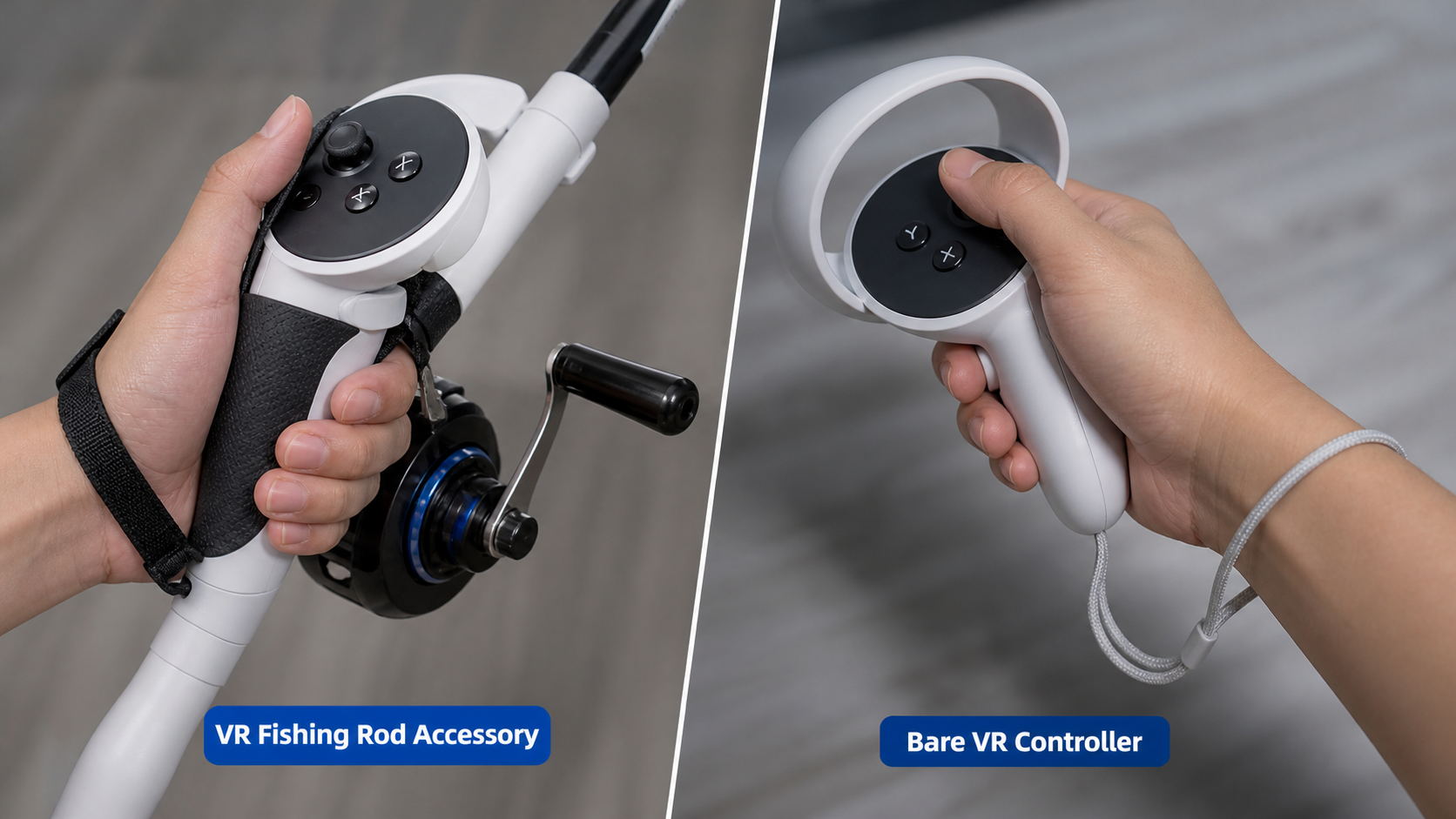 A close-up view comparing a user's hand posture on a VR fishing rod accessory versus holding a bare VR controller.
